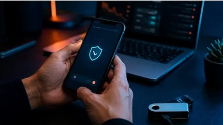 Teléfono con una aplicación de seguridad junto a un dispositivo de custodia cripto