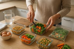 Manos metiendo brócoli y zanahorias en un recipiente de vidrio junto a otros recipientes con garbanzos, espinaca y un bol con huevos sobre una encimera de cocina
