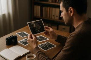 Cuatro personas sentadas alrededor de una mesa revisan una fotografía impresa, con cuadernos y un vaso de agua