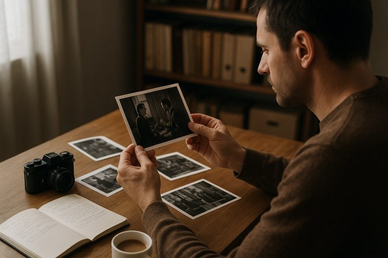 Cuatro personas sentadas alrededor de una mesa revisan una fotografía impresa, con cuadernos y un vaso de agua Cuatro personas sentadas alrededor de una mesa revisan una fotografía impresa, con cuadernos y un vaso de agua