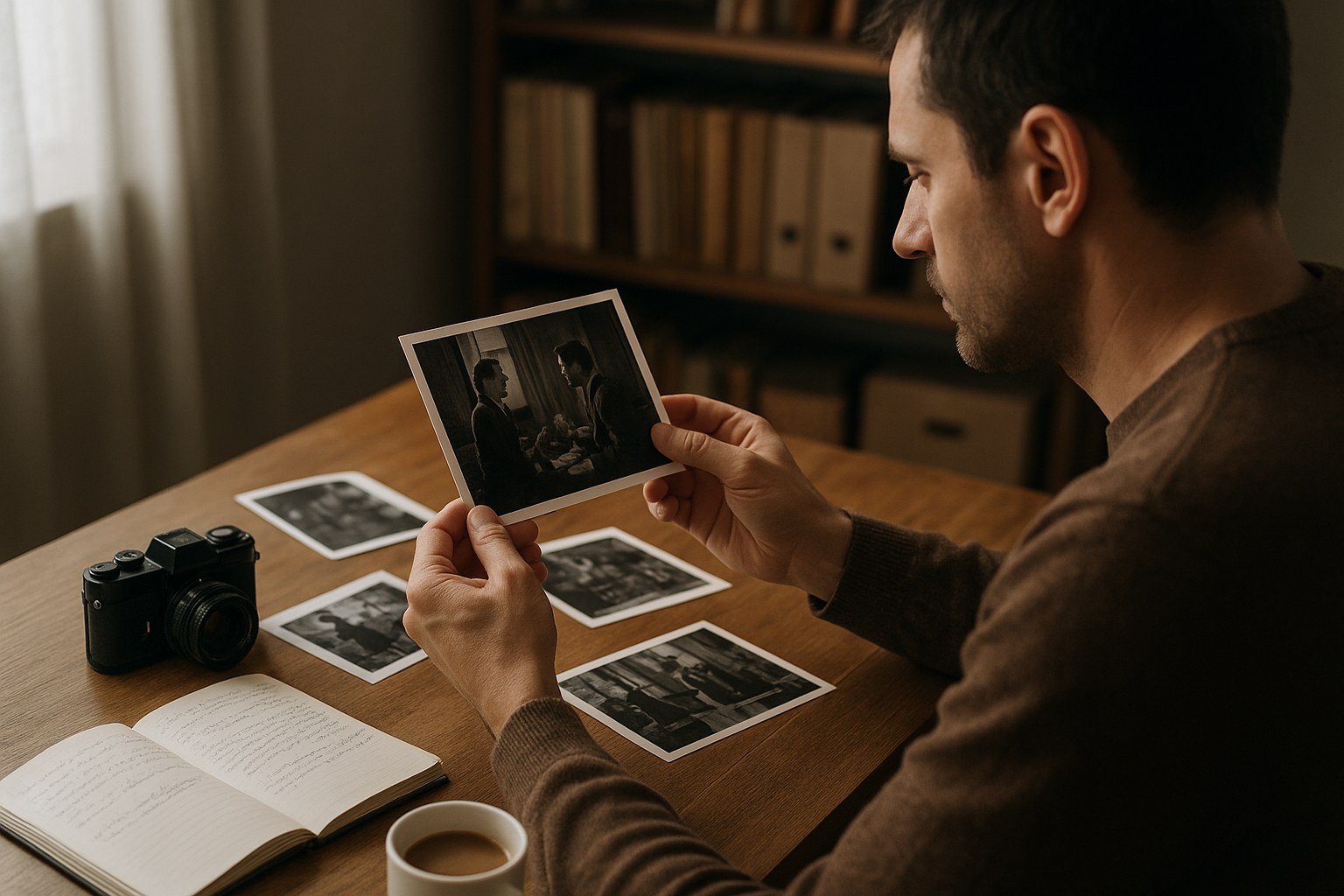 Cuatro personas sentadas alrededor de una mesa revisan una fotografía impresa, con cuadernos y un vaso de agua Cuatro personas sentadas alrededor de una mesa revisan una fotografía impresa, con cuadernos y un vaso de agua