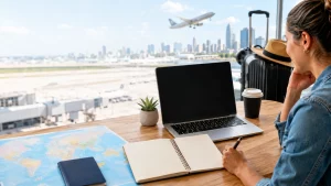 Persona planificando su primer viaje internacional con equipaje, mapa y computador