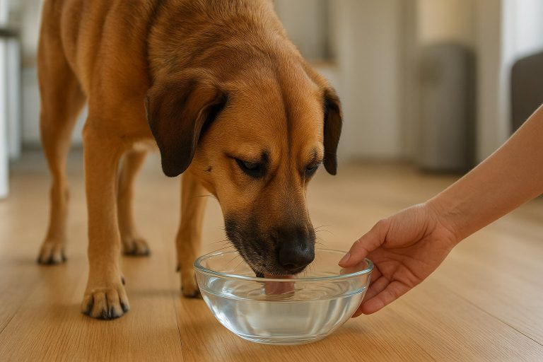 Perro marrón bebiendo agua de un bol de cristal sostenido por una mano sobre suelo de madera