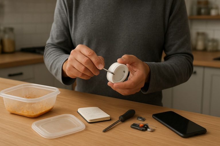 Manos de una persona usando un destornillador para abrir o reparar un pequeño dispositivo redondo sobre una mesa con un envase de comida reutilizable, un cuaderno, un teléfono y llaves. Manos de una persona usando un destornillador para abrir o reparar un pequeño dispositivo redondo sobre una mesa con un envase de comida reutilizable, un cuaderno, un teléfono y llaves.