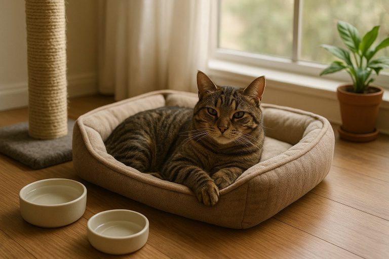 Gato atigrado acostado en una cama para gatos interior junto a dos platos de agua y un rascador