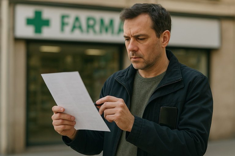 Hombre leyendo un papel frente a la entrada de una farmacia con cruz verde Hombre leyendo un papel frente a la entrada de una farmacia con cruz verde