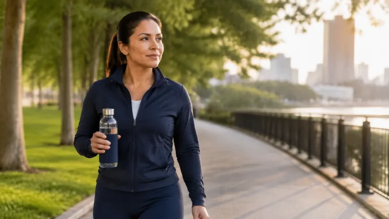 Mujer en ropa deportiva caminando por un sendero urbano junto a un río, sosteniendo una botella de agua