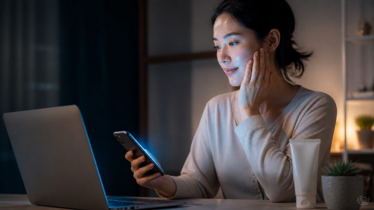 Mujer sentada frente a un portátil, mirando su teléfono con reflejo de luz azul en el rostro; hay un tubo de crema y una planta en la mesa