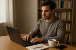 Hombre sentado en una mesa leyendo un documento en papel; cuaderno, bolígrafo, móvil y taza de café sobre la mesa, estantería con libros al fondo