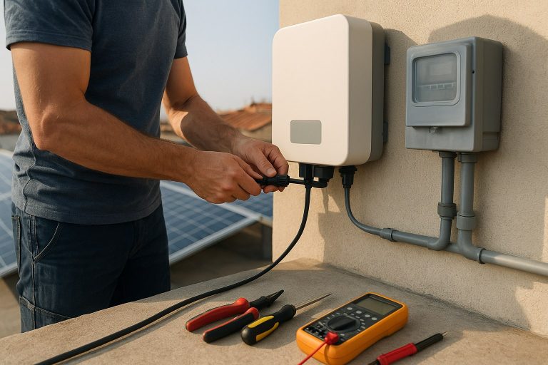 Persona conectando cables a un inversor montado en la pared con paneles solares visibles en el fondo y herramientas en primer plano