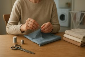 Persona cosiendo a mano una prenda doblada sobre una mesa con hilo, dedal, tijeras y una pila de ropa doblada; lavadora desenfocada al fondo