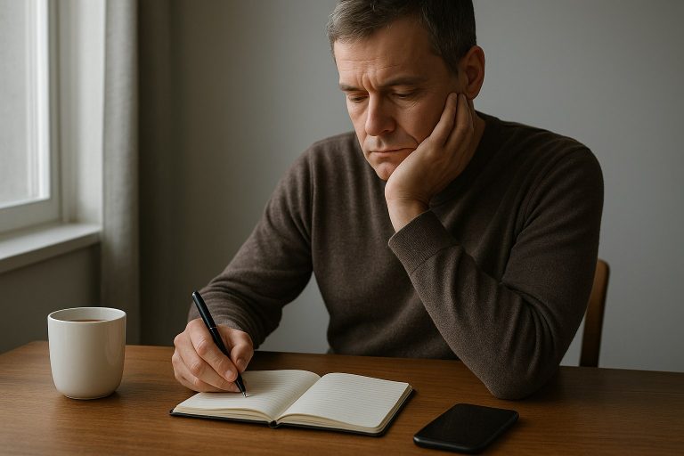 Hombre adulto sentado en una mesa, escribiendo en un cuaderno con expresión pensativa; taza de café y teléfono sobre la mesa Hombre adulto sentado en una mesa, escribiendo en un cuaderno con expresión pensativa; taza de café y teléfono sobre la mesa