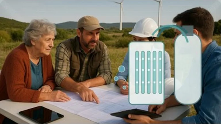 Personas conversando sobre energía con aerogeneradores al fondo Personas conversando sobre energía con aerogeneradores al fondo