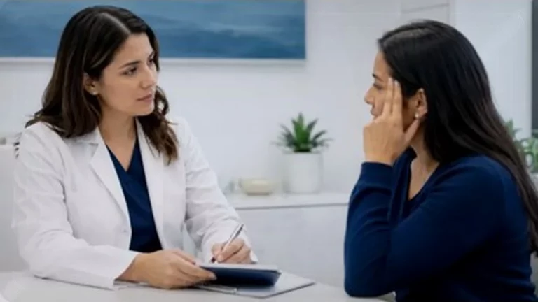 Médica conversando con una paciente durante un examen preventivo