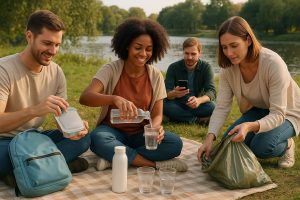 Grupo de cuatro personas en un picnic junto a un lago, usando recipientes reutilizables y recogiendo basura en una bolsa verde