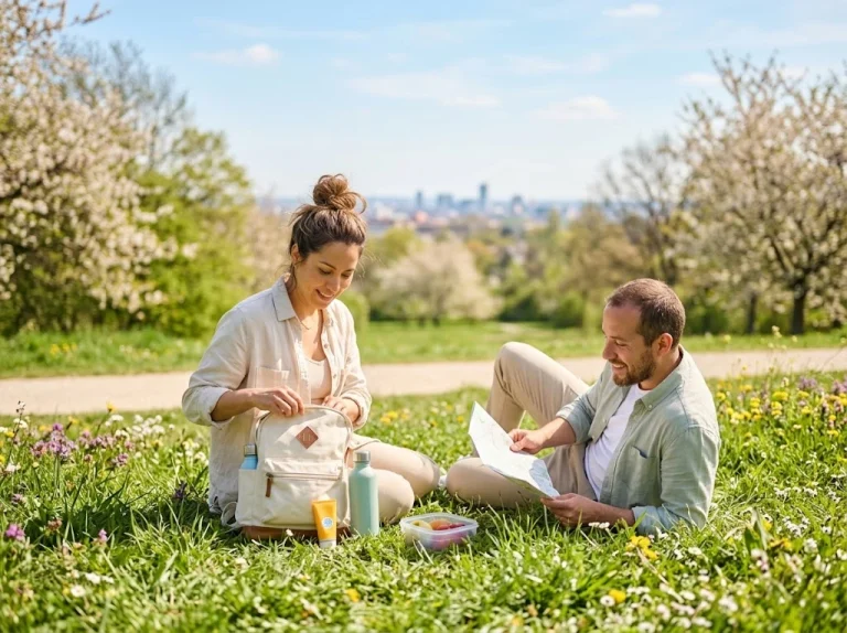 Pareja compartiendo un picnic al aire libre con comida y mapa, destacando planes de primavera baratos. Pareja compartiendo un picnic al aire libre con comida y mapa, destacando planes de primavera baratos.