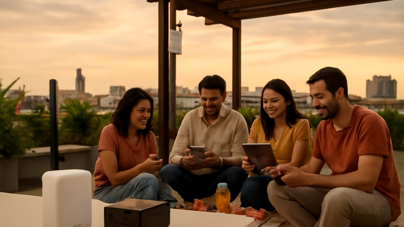 Punto de acceso exterior montado en pérgola durante un picnic en terraza, con personas usando dispositivos móviles al fondo. Punto de acceso exterior montado en pérgola durante un picnic en terraza, con personas usando dispositivos móviles al fondo.