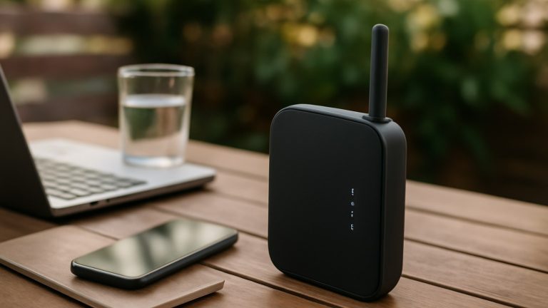 Router móvil 4G/5G portátil sobre mesa de terraza junto a laptop y teléfono, ambiente de picnic. Router móvil 4G/5G portátil sobre mesa de terraza junto a laptop y teléfono, ambiente de picnic.